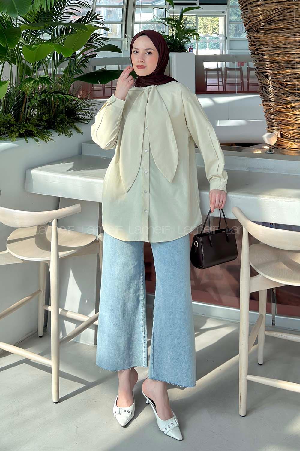 Cream Foulard Neck Long Arm Cotton Shirt