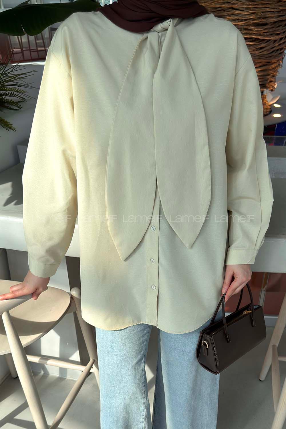 Cream Foulard Neck Long Arm Cotton Shirt