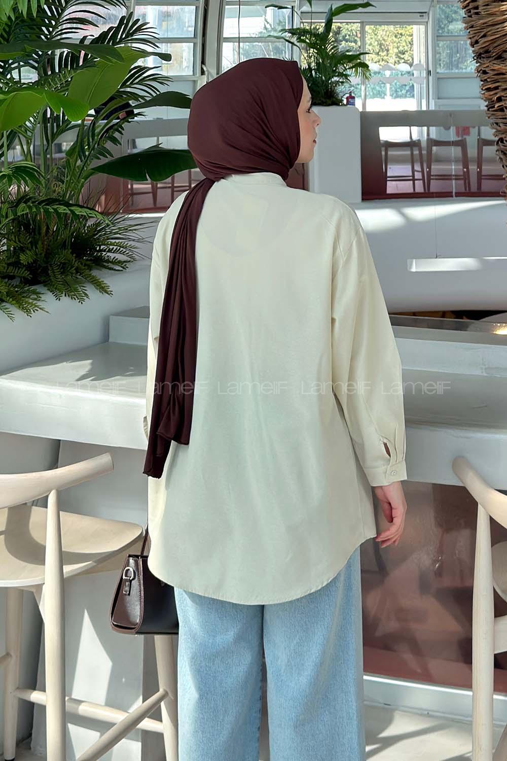 Cream Foulard Neck Long Arm Cotton Shirt