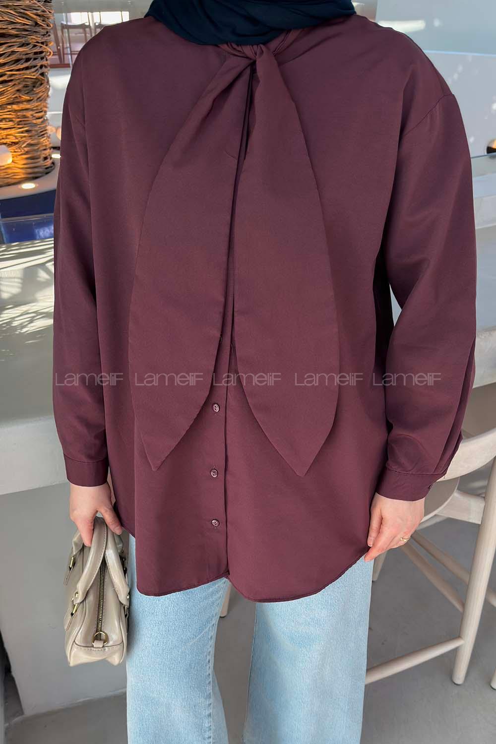Plum Foulard Neck Long Arm Cotton Shirt