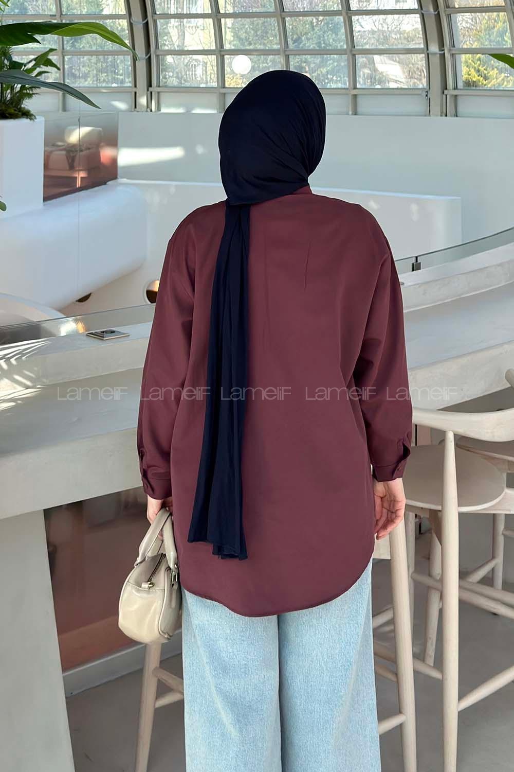 Plum Foulard Neck Long Arm Cotton Shirt