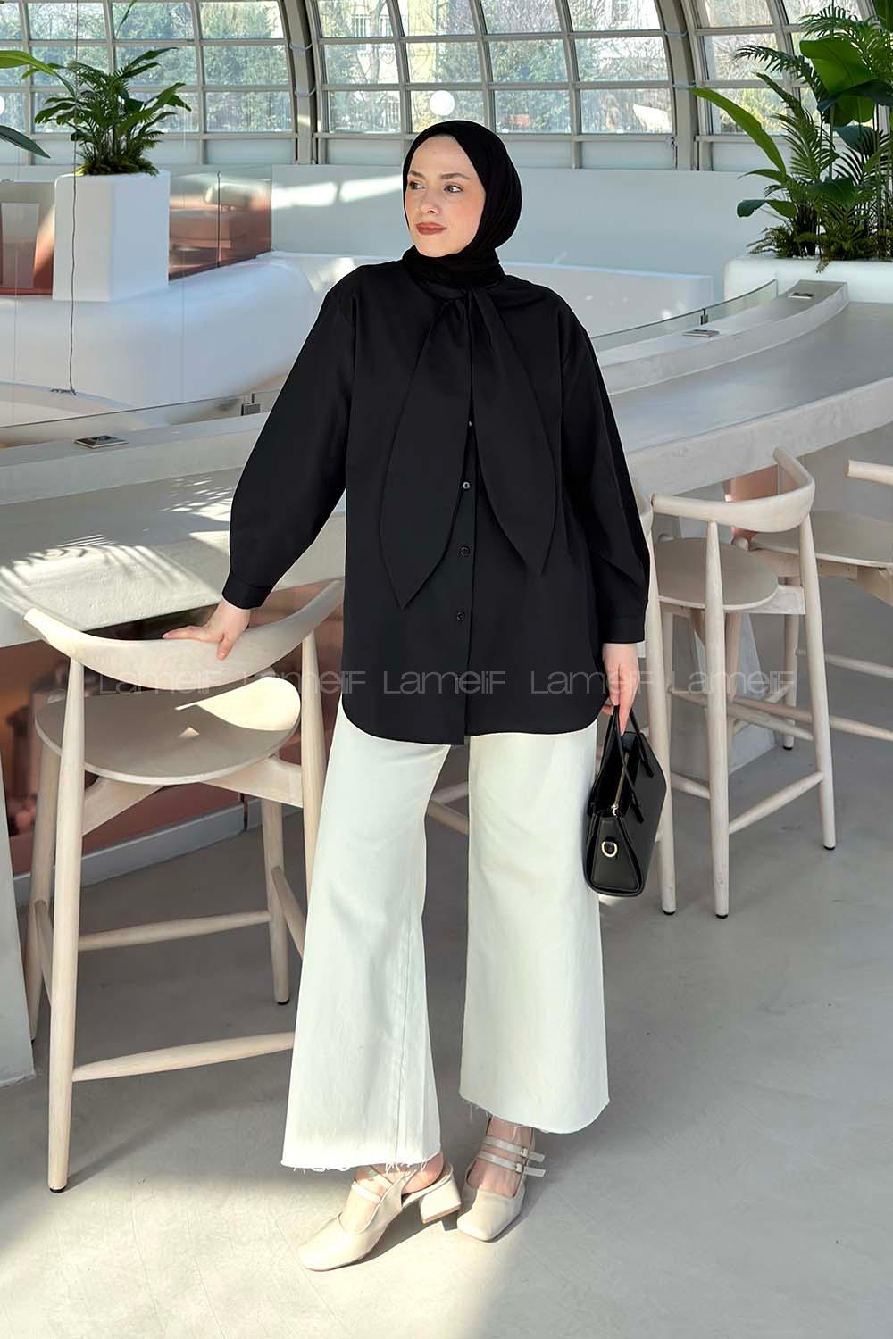 Black Foulard Neck Long Arm Cotton Shirt