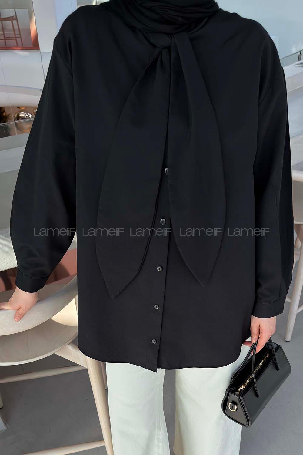 Black Foulard Neck Long Arm Cotton Shirt