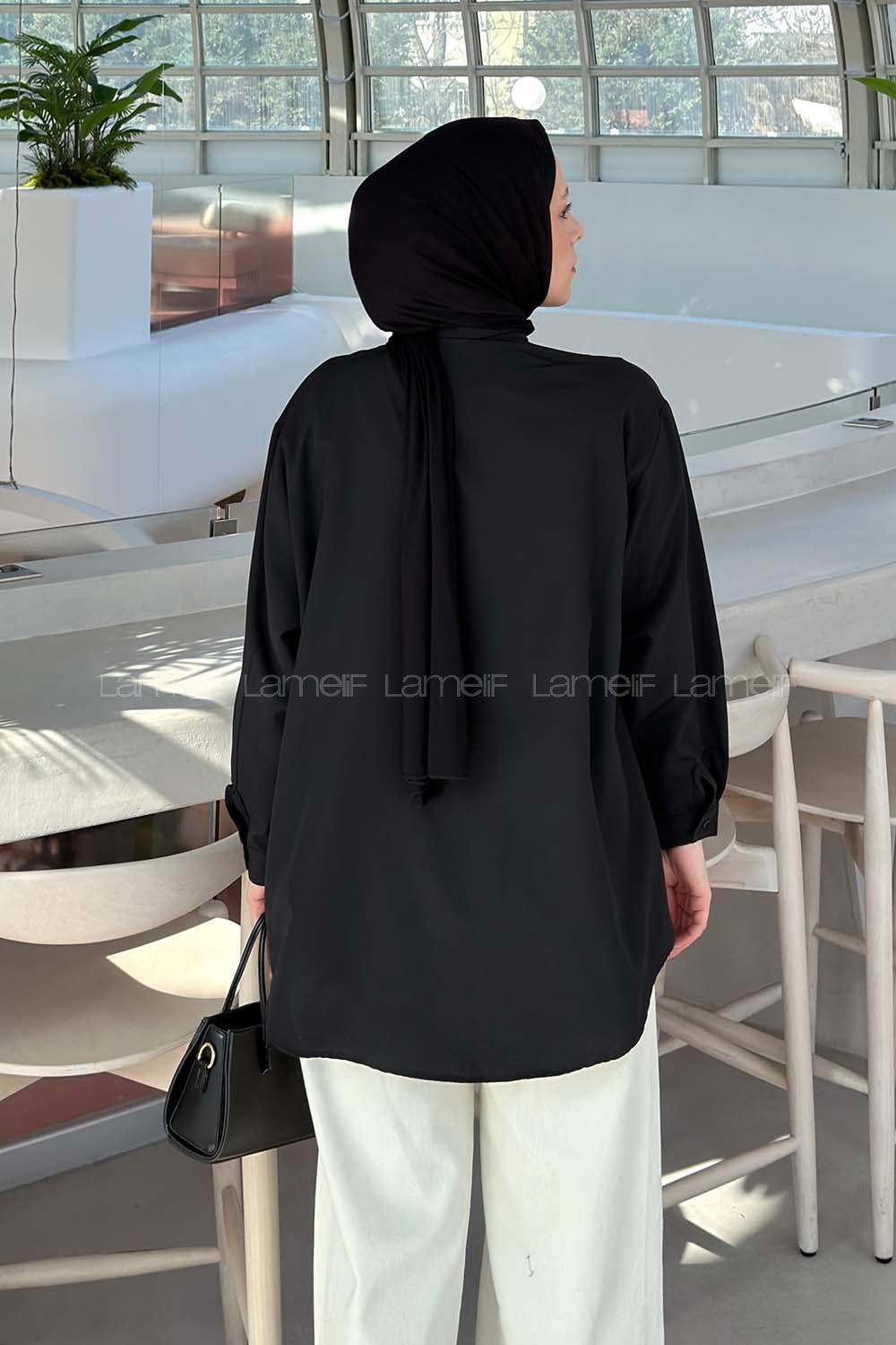 Black Foulard Neck Long Arm Cotton Shirt