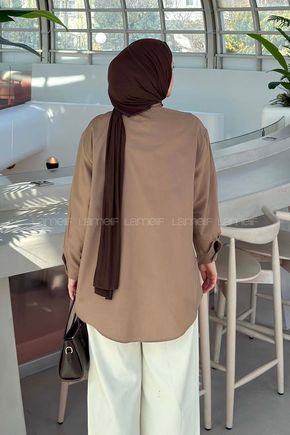 Soft Brown Foulard Neck Long Arm Cotton Shirt
