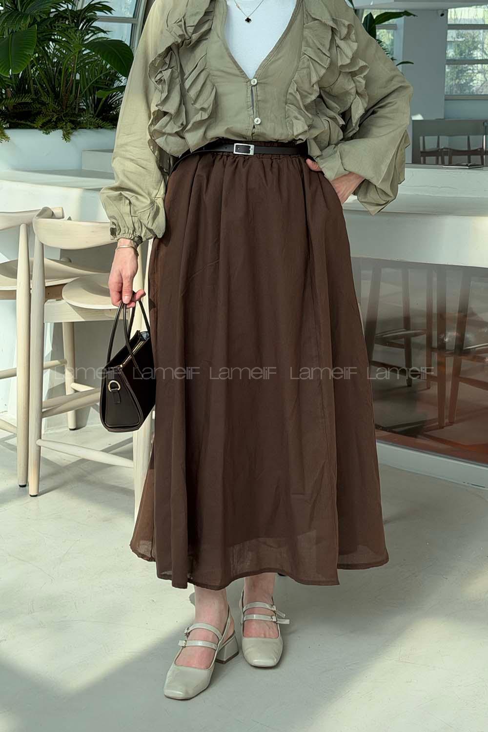 Lamelif Kemerli Cepli Tesettür Etek Acı Kahve