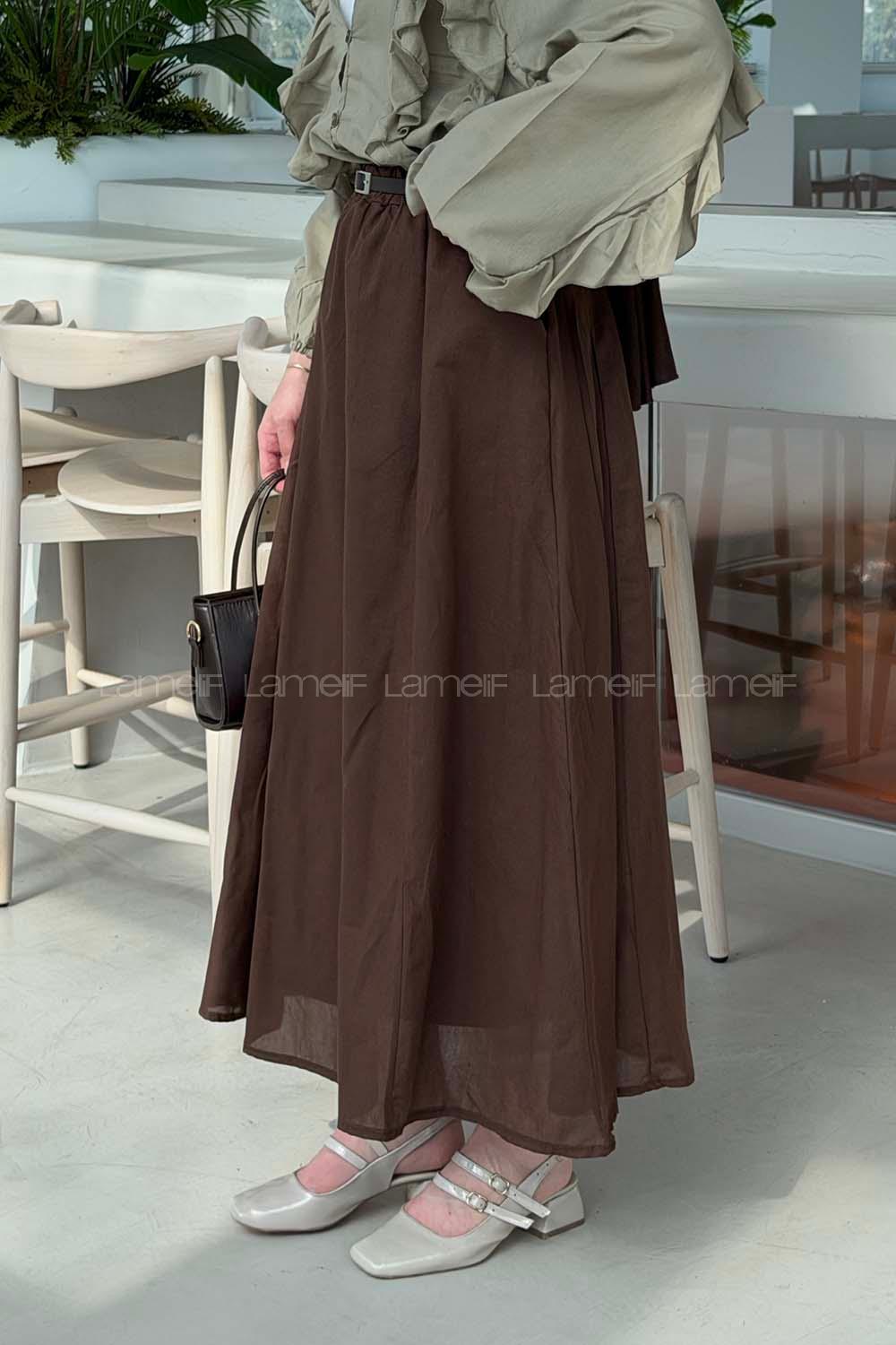 Lamelif Kemerli Cepli Tesettür Etek Acı Kahve