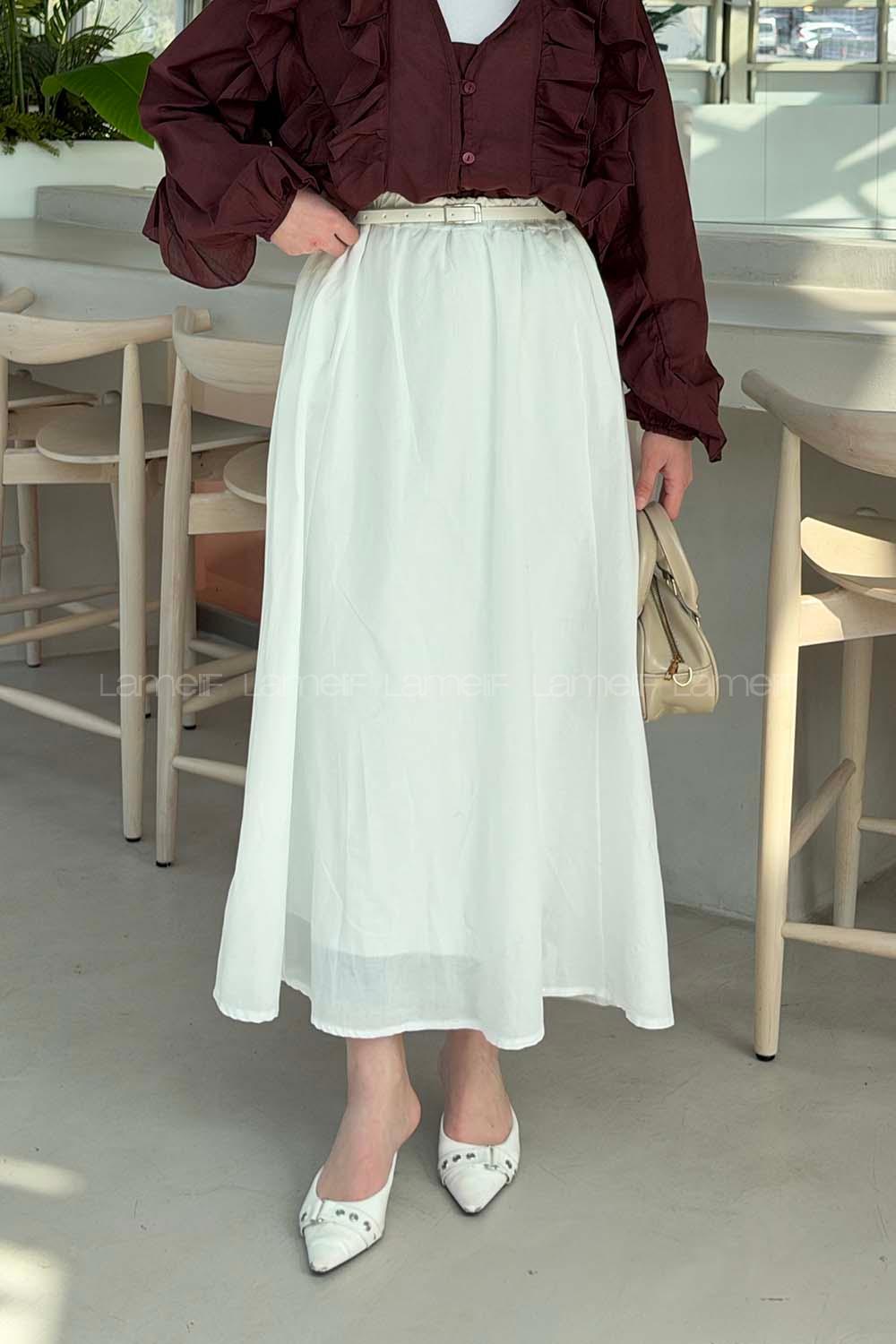 Lamelif Kemerli Cepli Tesettür Etek Beyaz