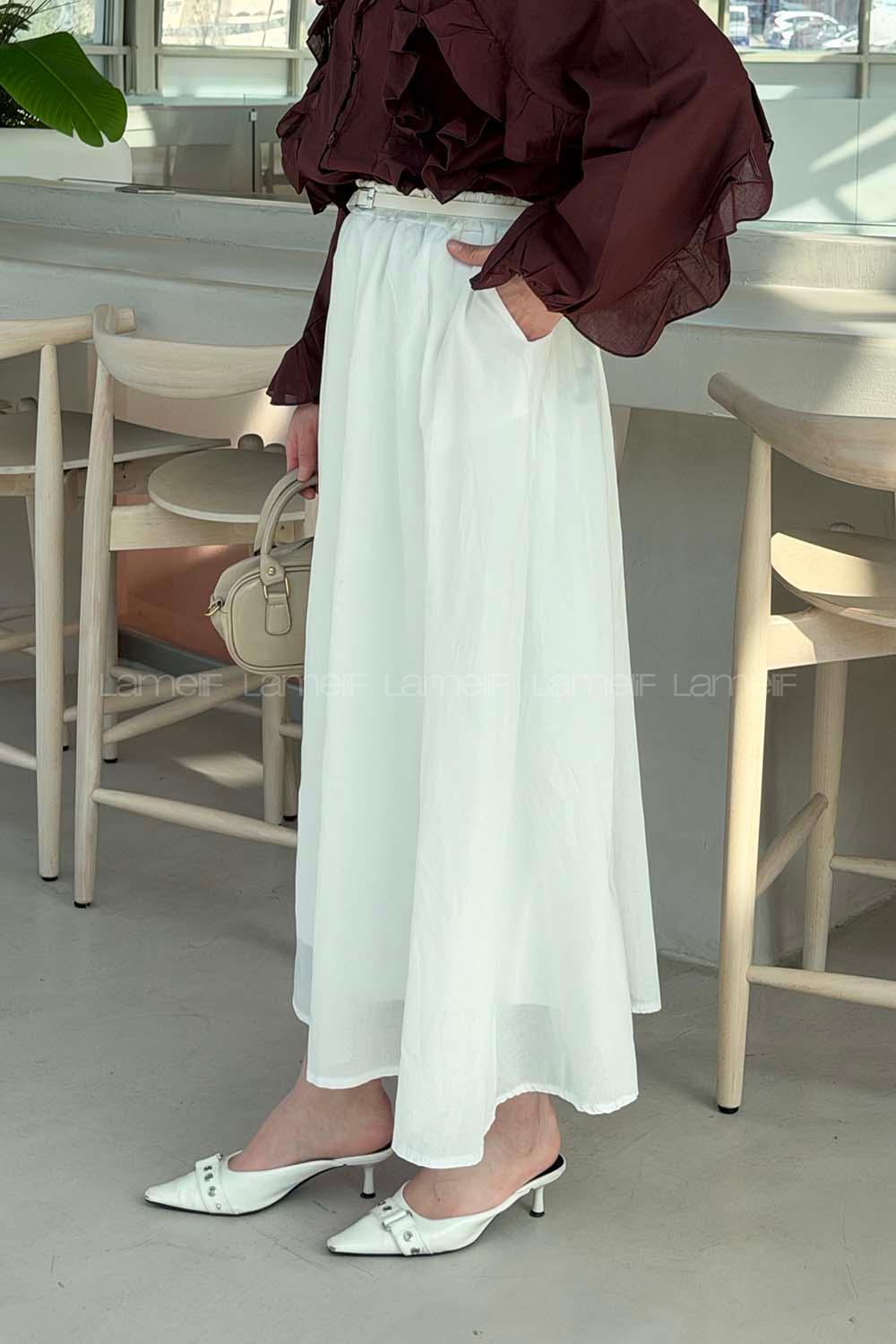 Lamelif Kemerli Cepli Tesettür Etek Beyaz