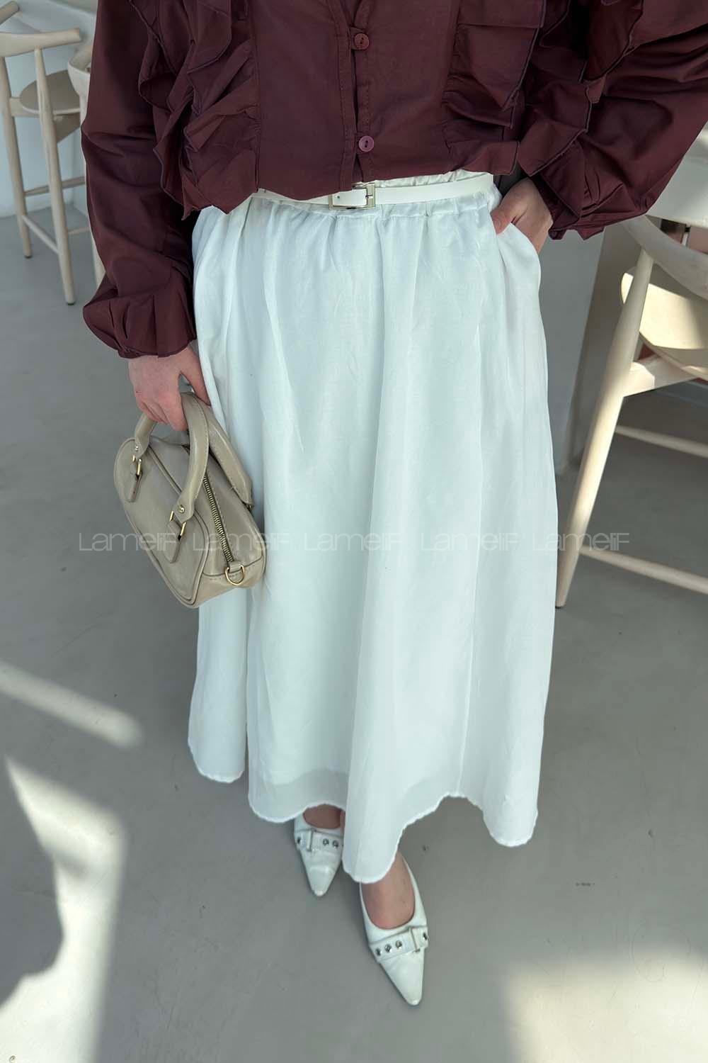 Lamelif Kemerli Cepli Tesettür Etek Beyaz