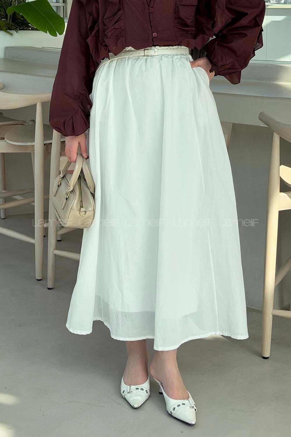 Lamelif Kemerli Cepli Tesettür Etek Beyaz