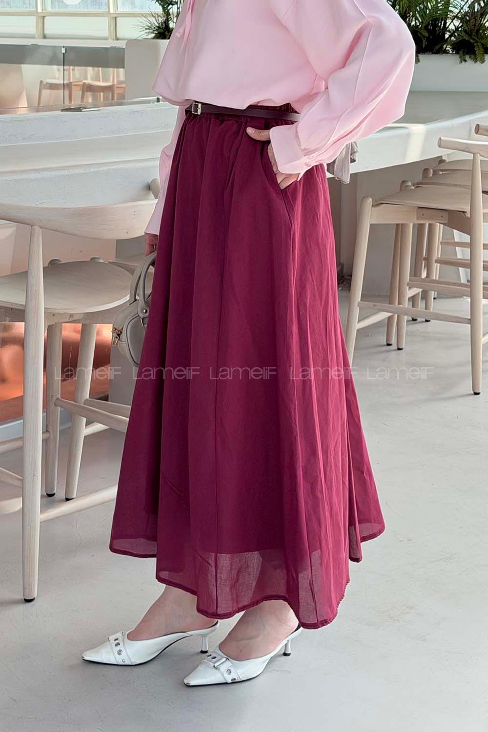 Lamelif Kemerli Cepli Tesettür Etek Bordo