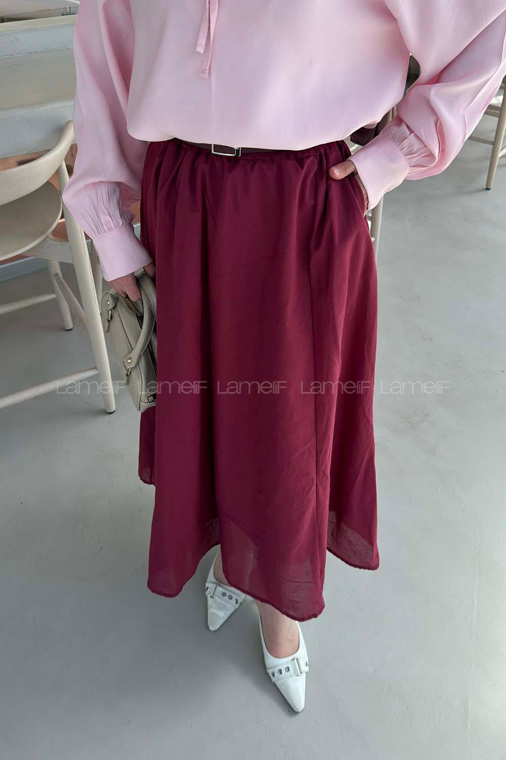 Lamelif Kemerli Cepli Tesettür Etek Bordo