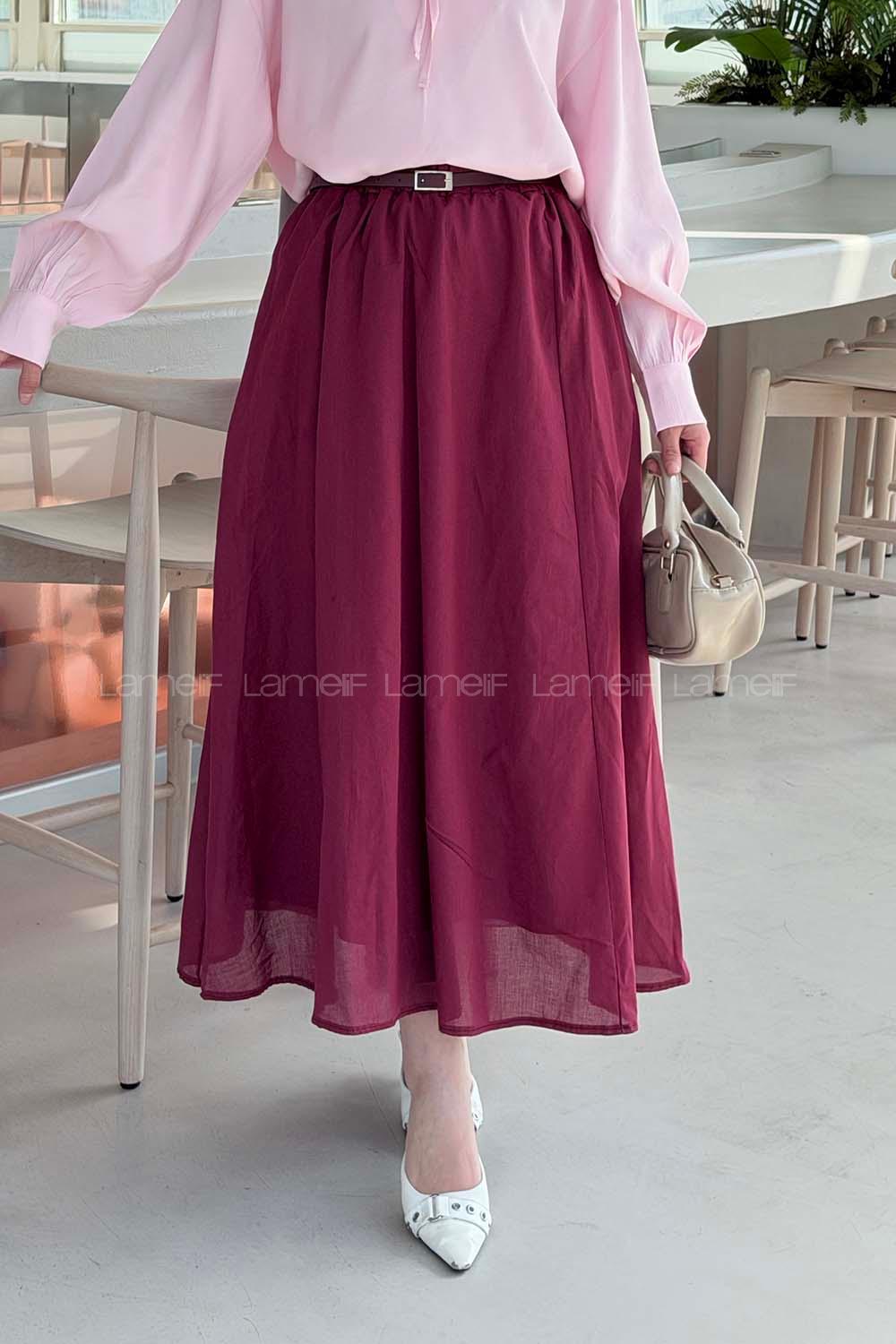 Lamelif Kemerli Cepli Tesettür Etek Bordo