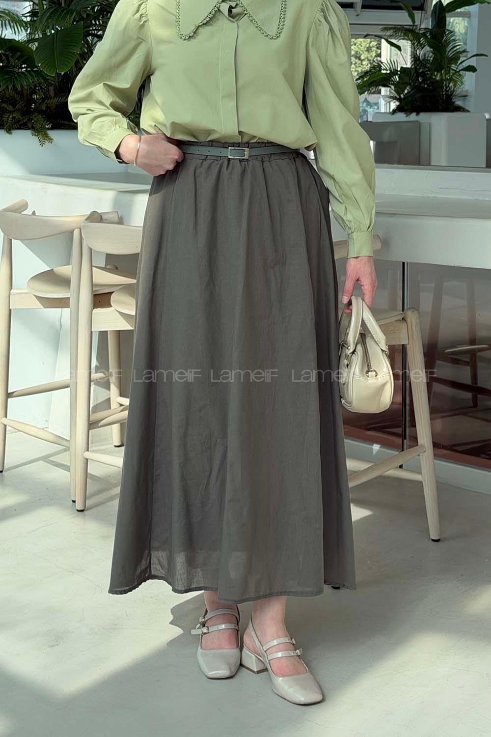 Lamelif Kemerli Cepli Tesettür Etek Haki