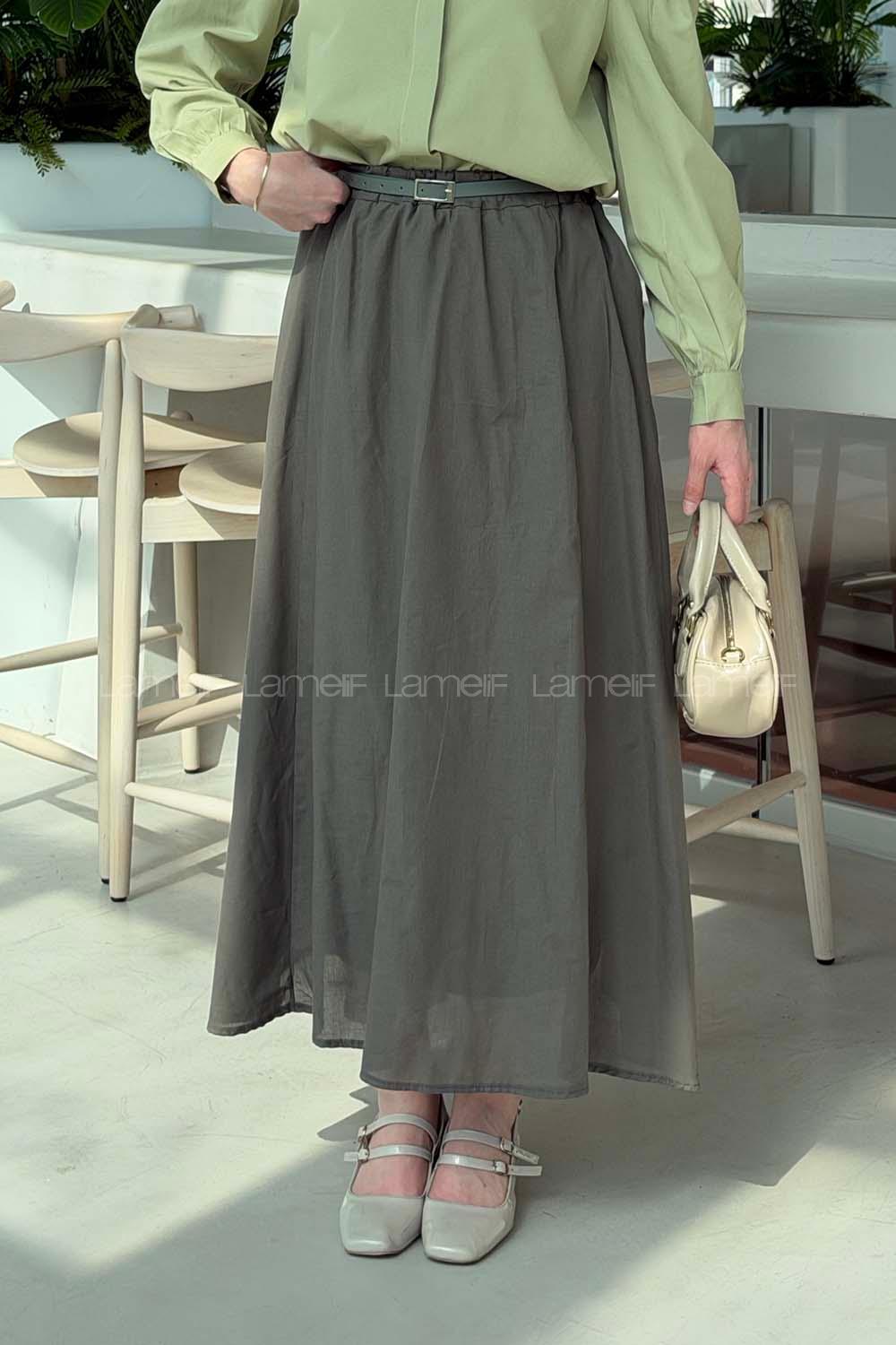 Lamelif Kemerli Cepli Tesettür Etek Haki