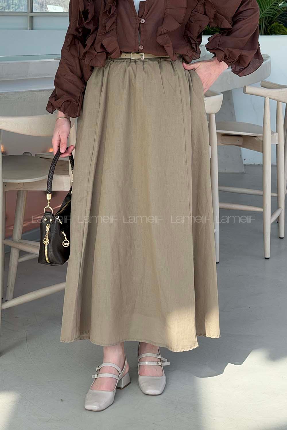 Lamelif Kemerli Cepli Tesettür Etek Koyu Bej