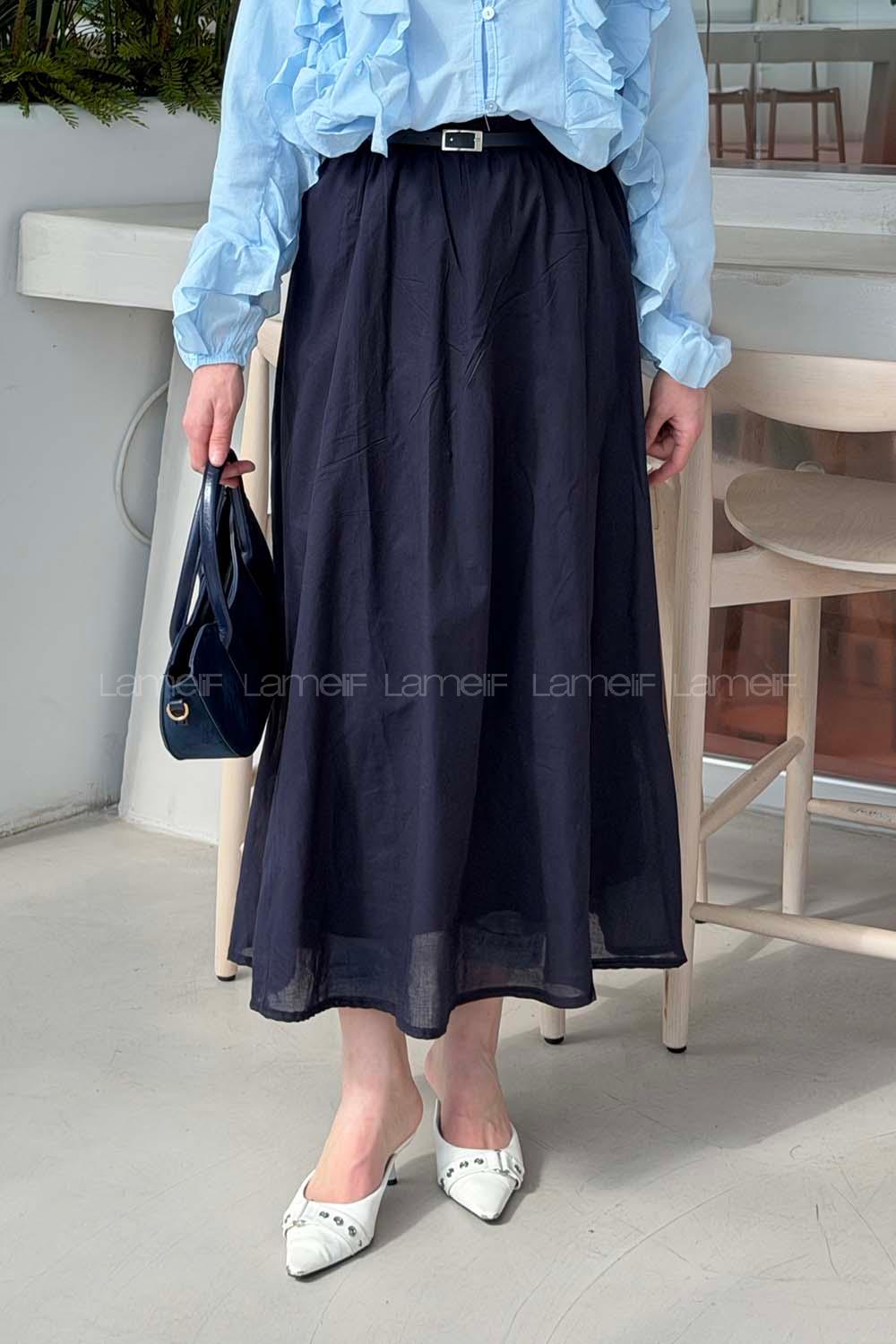 Lamelif Kemerli Cepli Tesettür Etek Lacivert