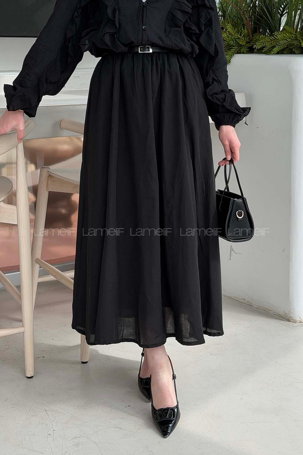 Lamelif Kemerli Cepli Tesettür Etek Siyah