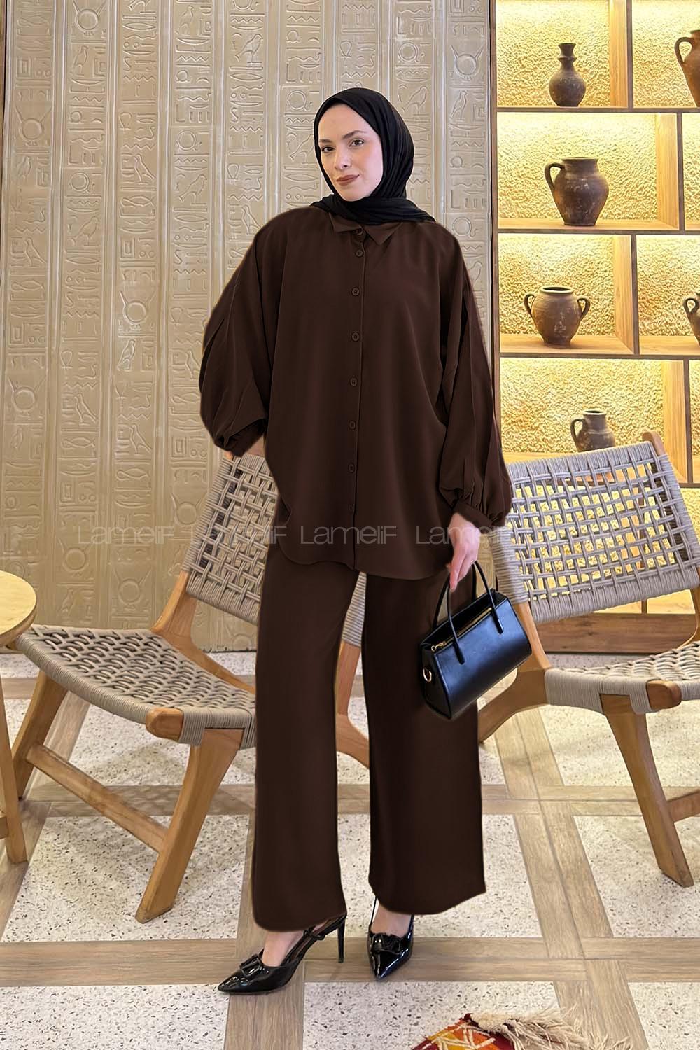 Lamelif Kol Büzgü Detaylı Takım Kahve