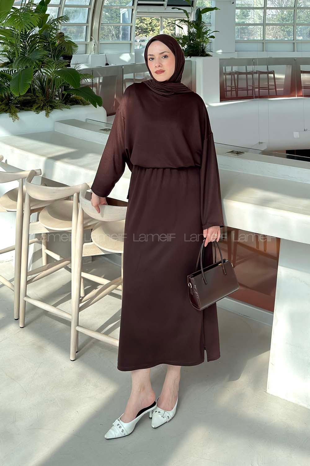 Lamelif Kristal Etekli Tesettür Takım Acı Kahve