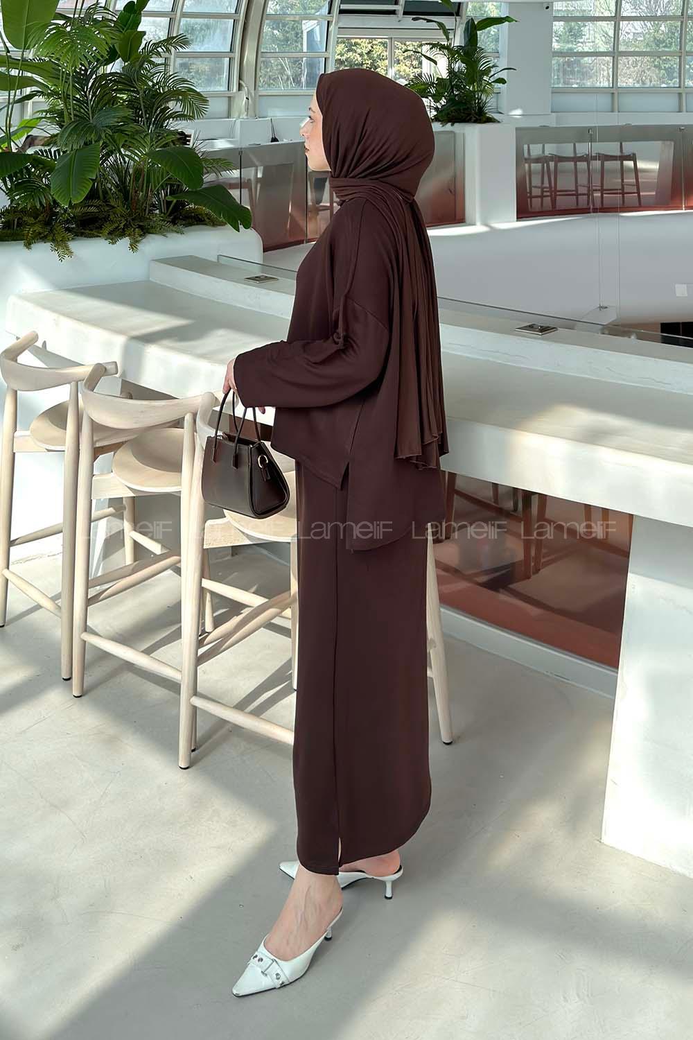 Lamelif Kristal Etekli Tesettür Takım Acı Kahve