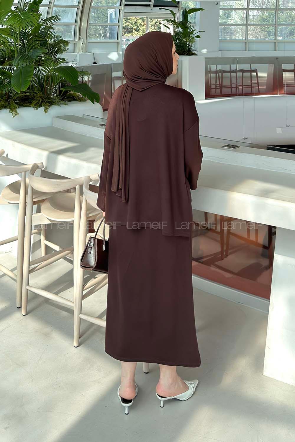 Lamelif Kristal Etekli Tesettür Takım Acı Kahve