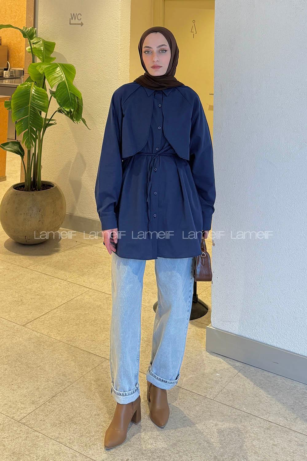 Lamelif Pelerin Detaylı Gömlek Lacivert