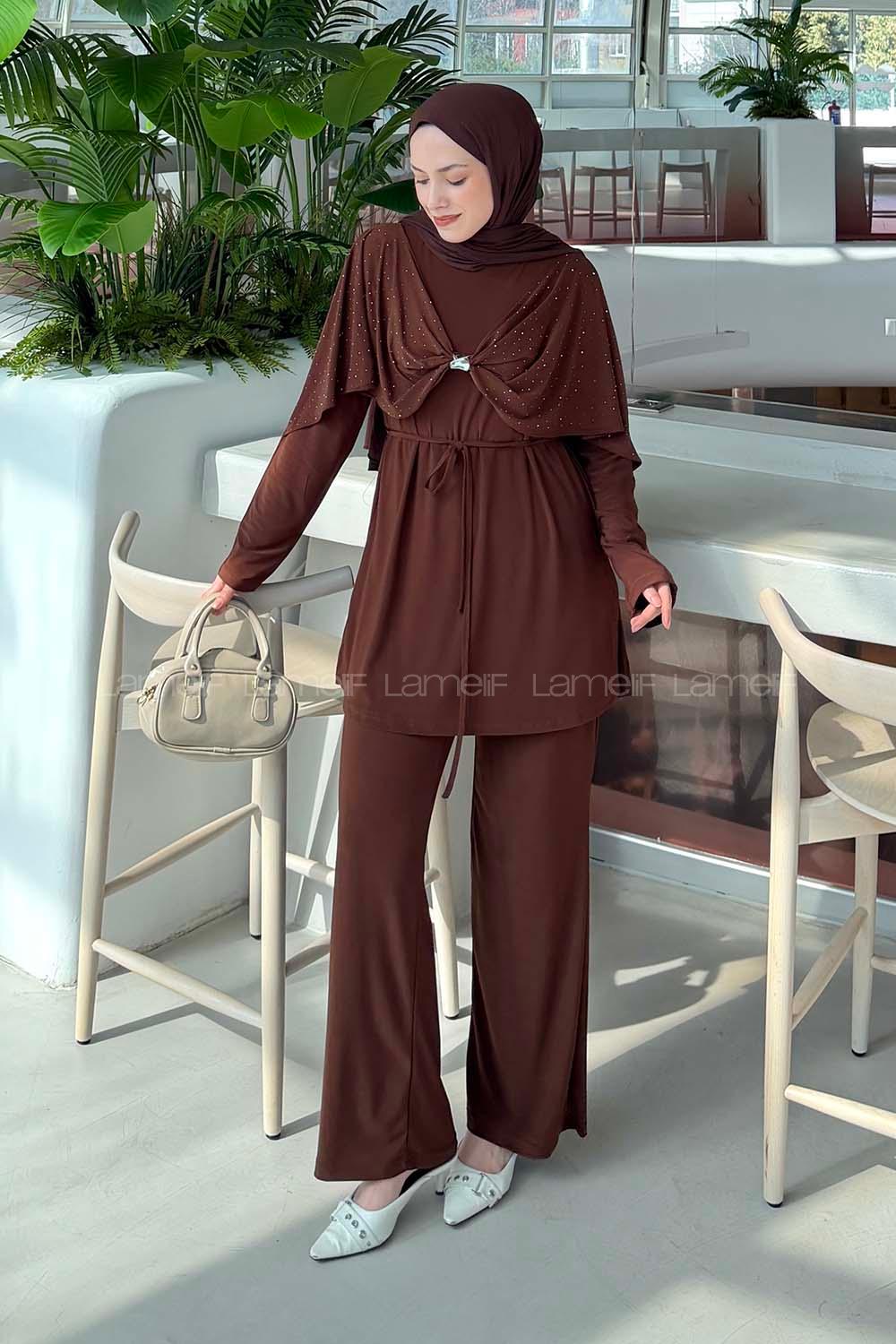 Brown Crew Neck Long Arm Cotton Regular Trousers Comfortable Suit