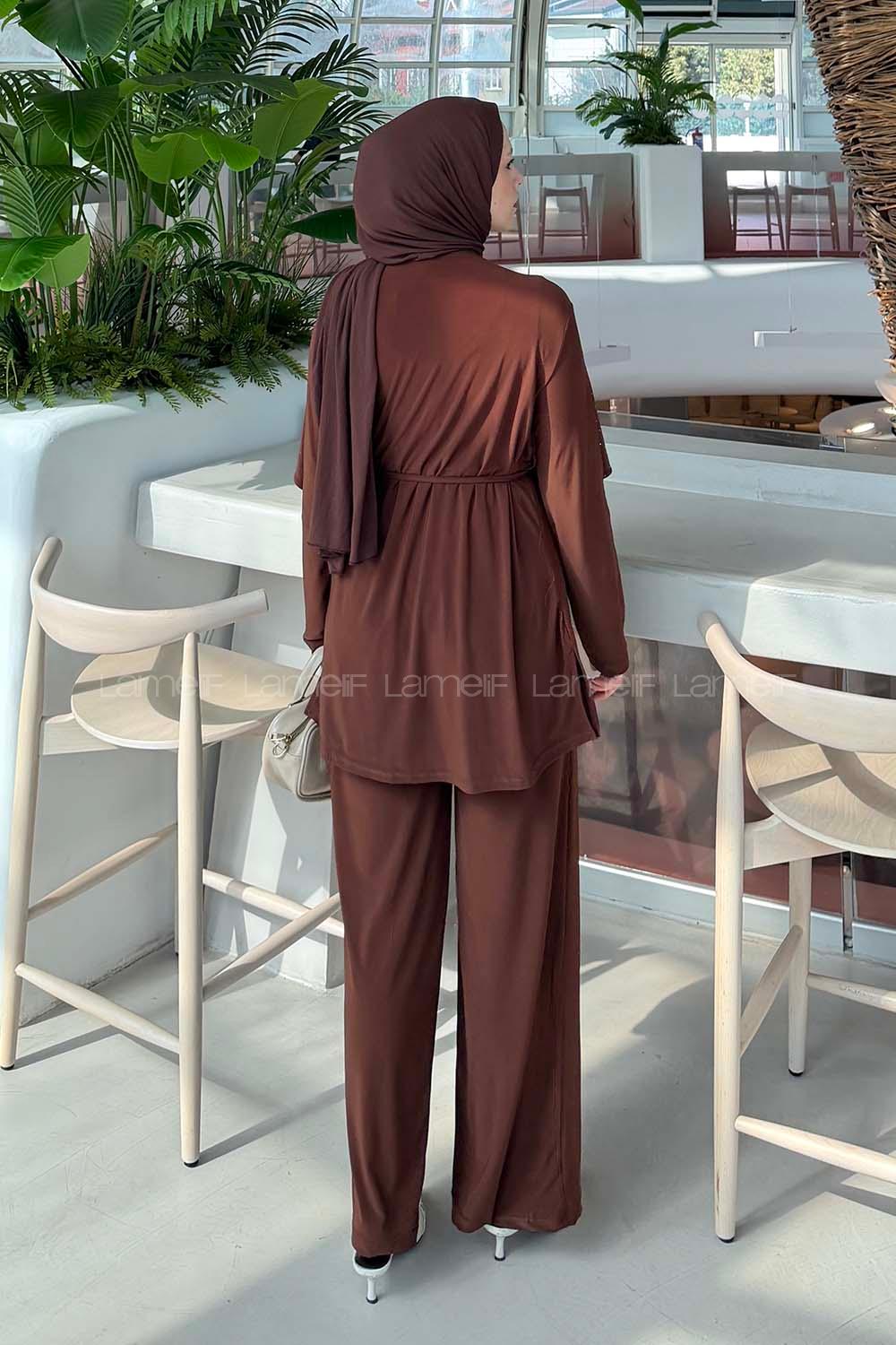 Brown Crew Neck Long Arm Cotton Regular Trousers Comfortable Suit
