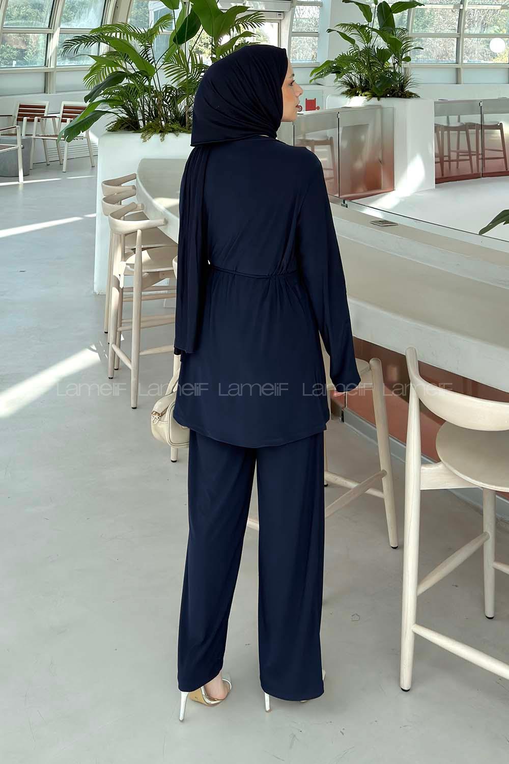 Lamelif Taş Detaylı Pelerinli Pantolon Takım Lacivert