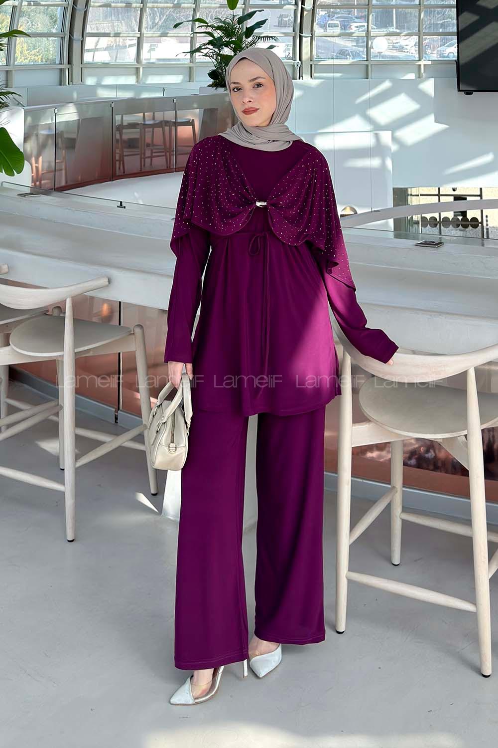 Plum Crew Neck Long Arm Cotton Regular Trousers Comfortable Suit