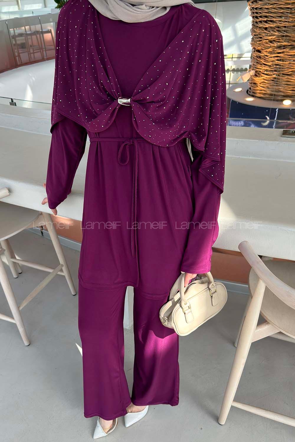 Plum Crew Neck Long Arm Cotton Regular Trousers Comfortable Suit