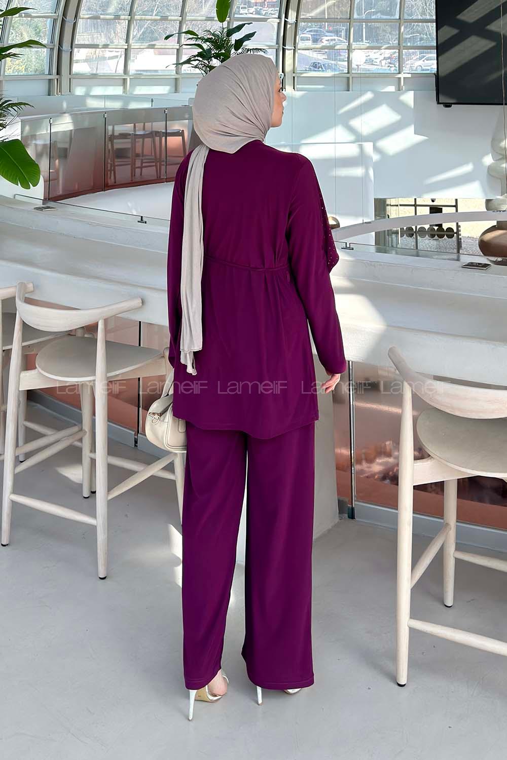 Plum Crew Neck Long Arm Cotton Regular Trousers Comfortable Suit