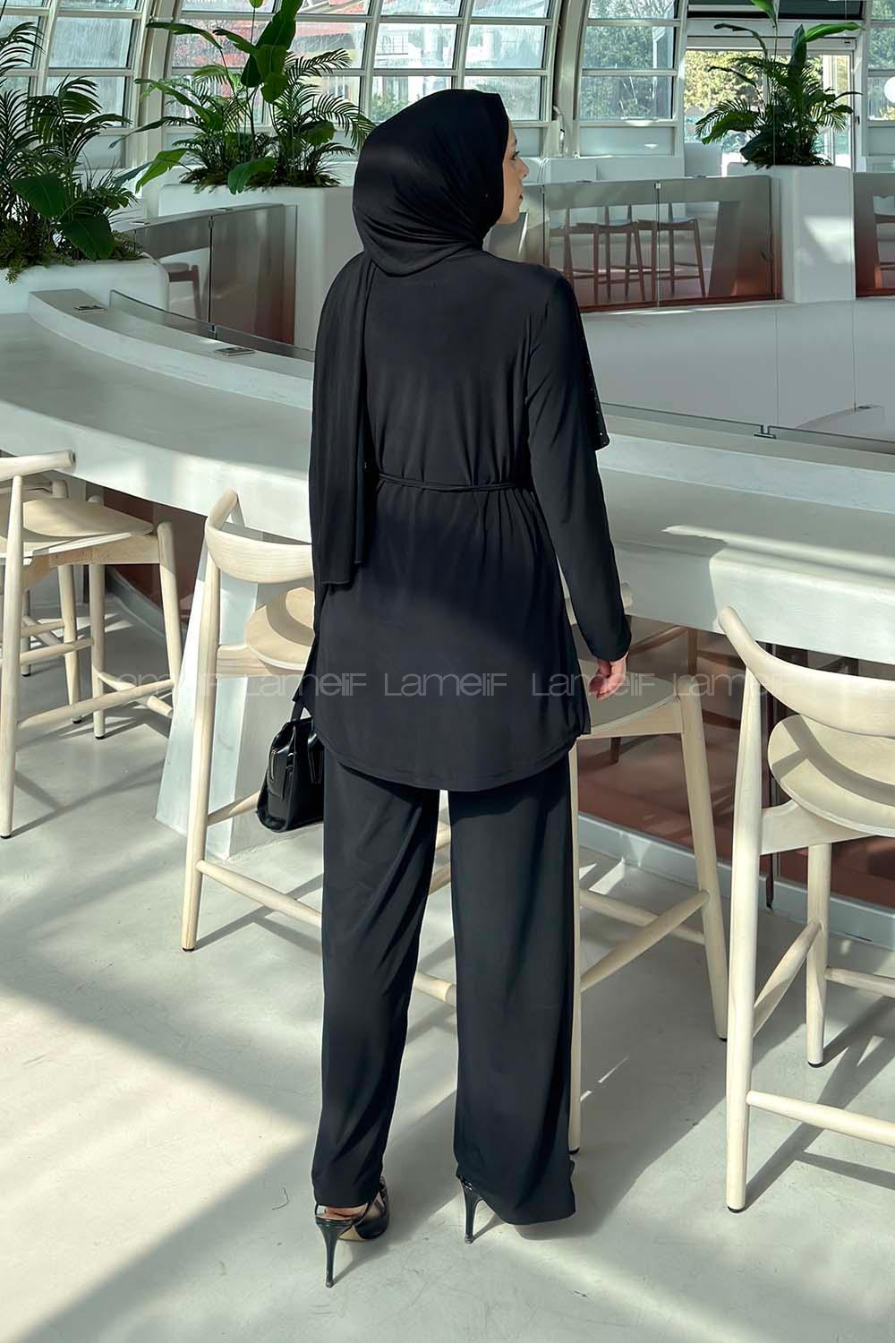 Black Crew Neck Long Arm Cotton Regular Trousers Comfortable Suit