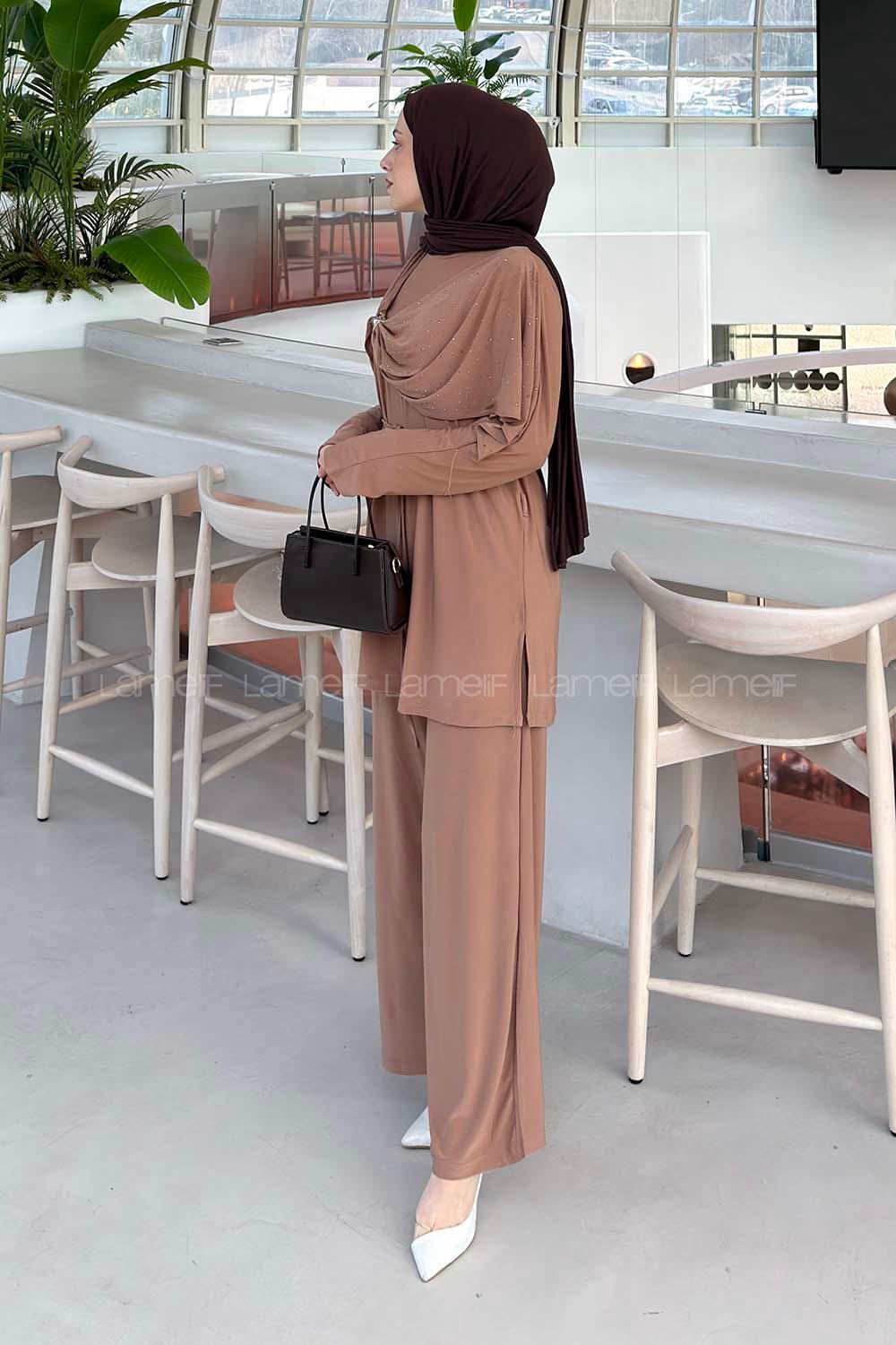 Lamelif Taş Detaylı Pelerinli Pantolon Takım Somon