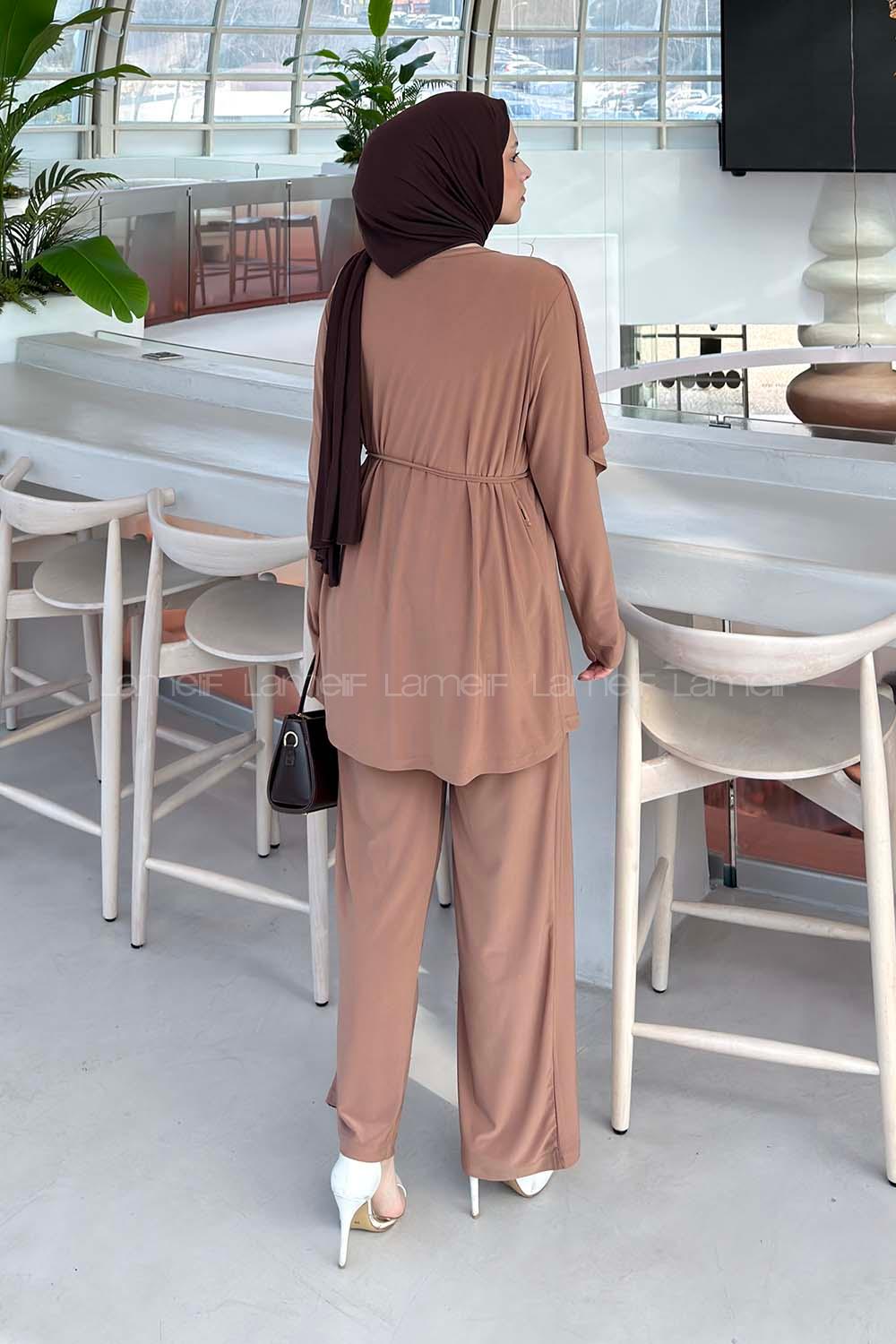 Lamelif Taş Detaylı Pelerinli Pantolon Takım Somon