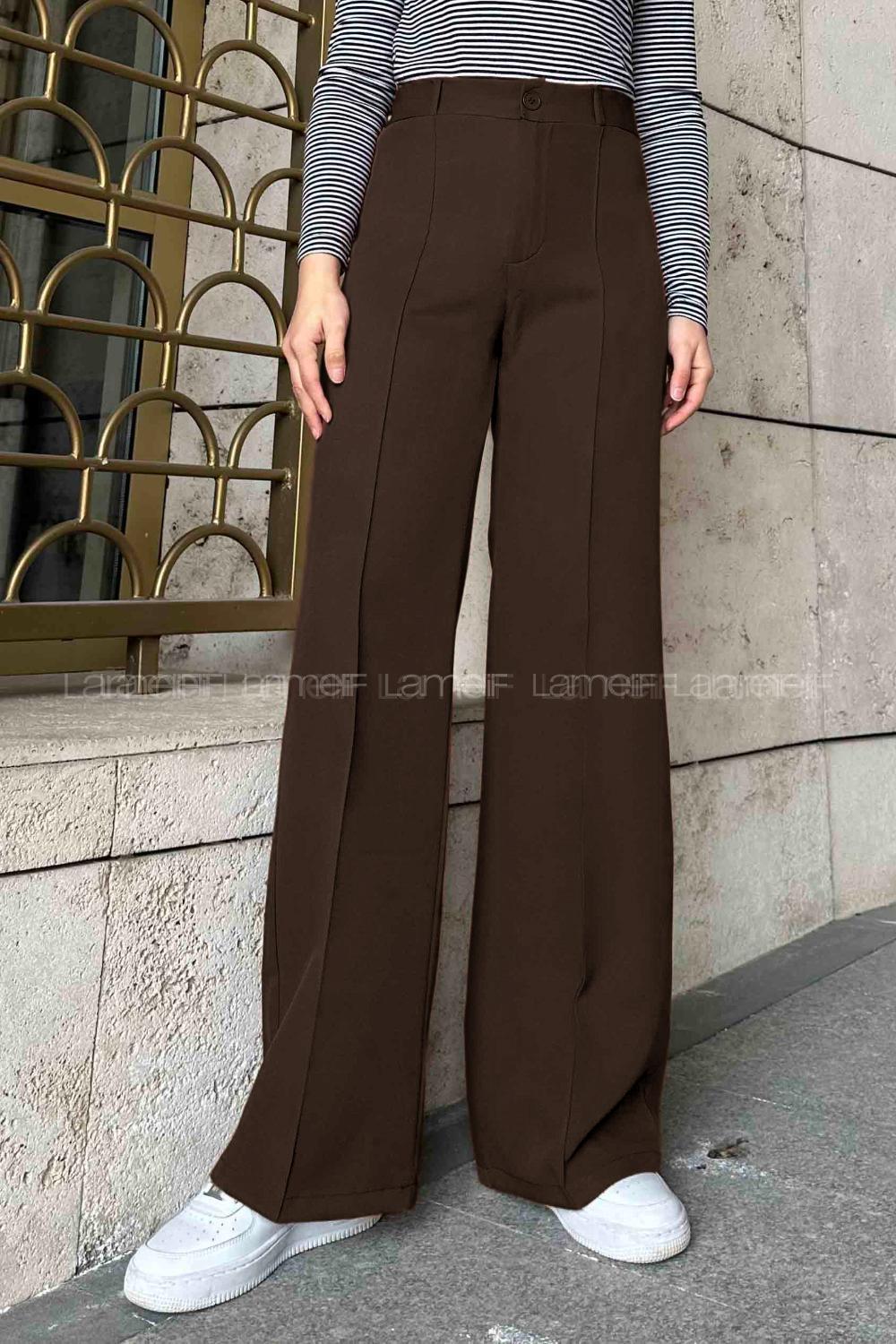 Lamelif Çımalı Bol Paça Pantolon Kahverengi