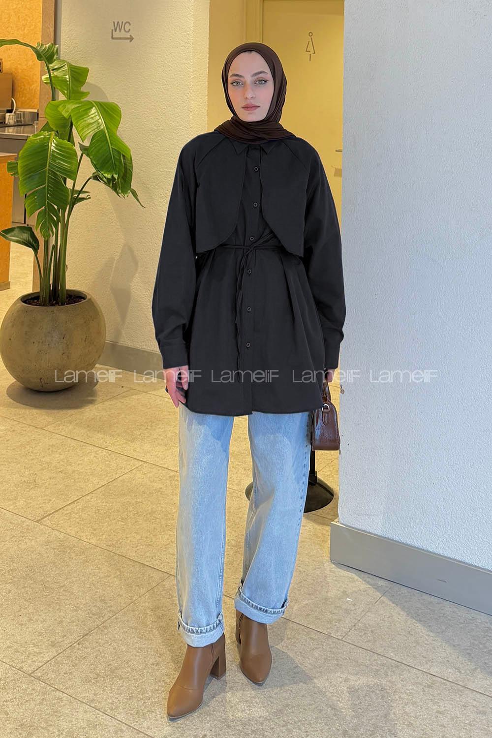 Lamelif Pelerin Detaylı Gömlek Siyah