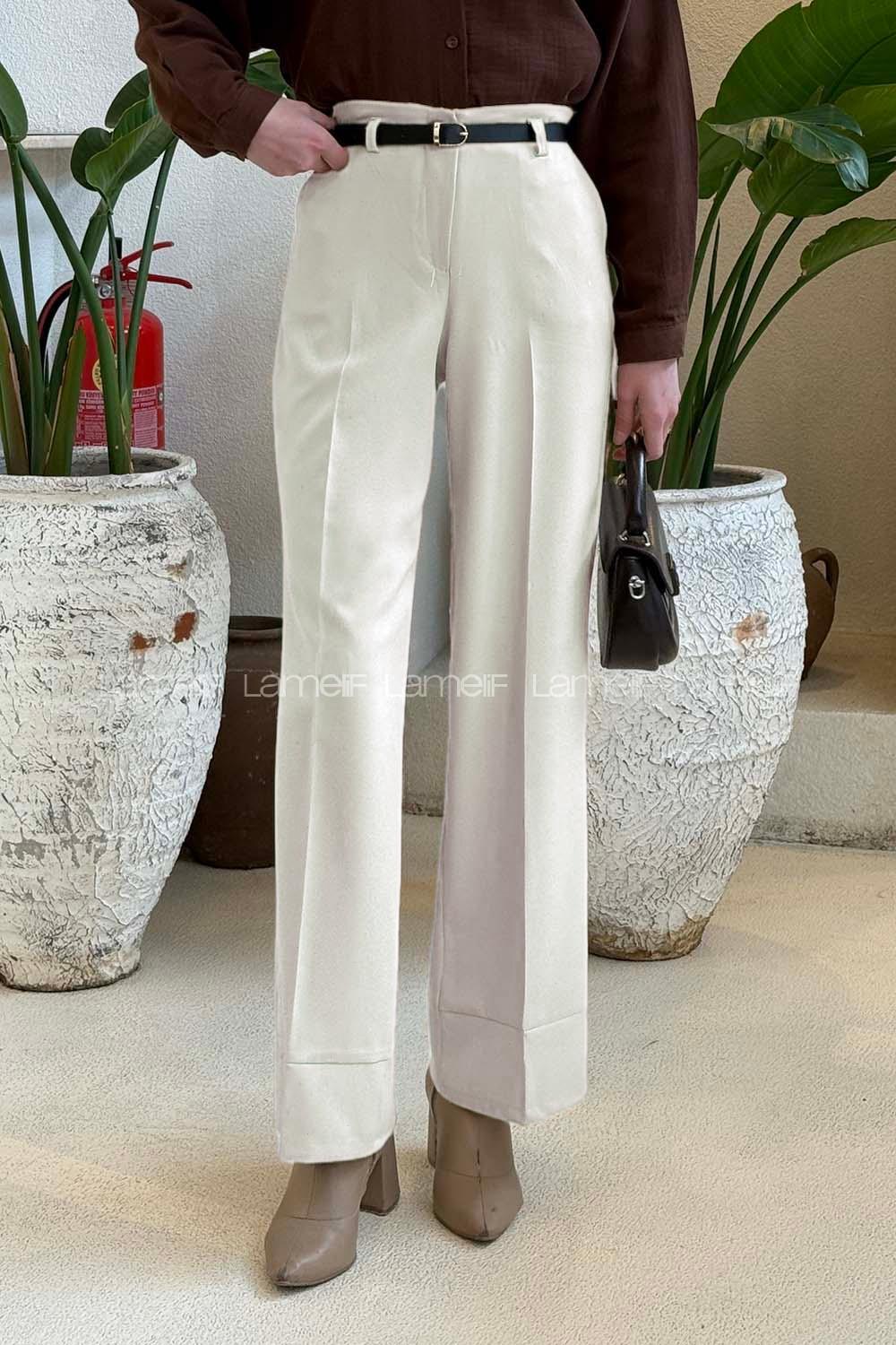 Lamelif Yüksek Bel Kemerli Kumaş Pantolon Beyaz