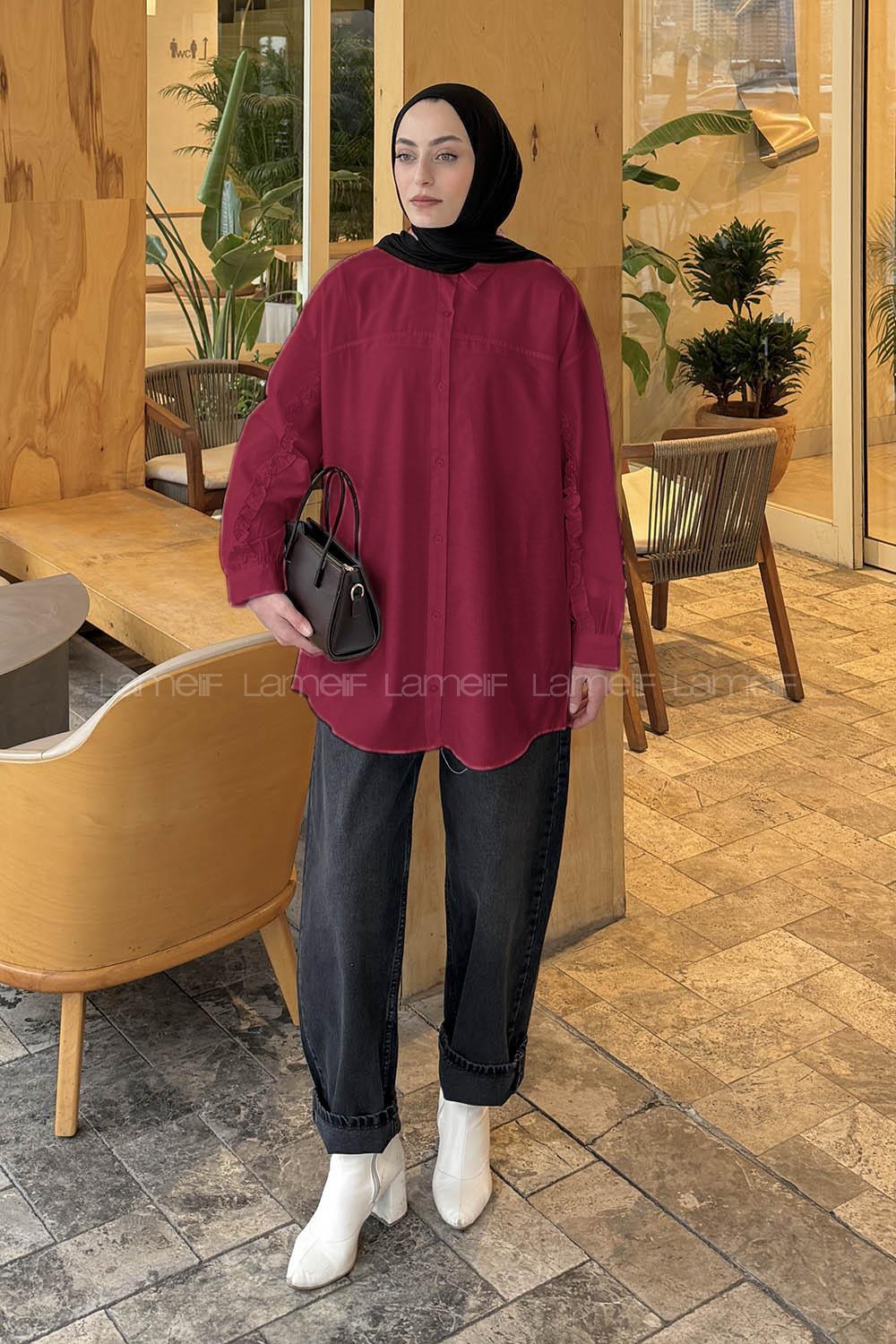 Lamelif Kol Fırfır Detaylı Gömlek Bordo