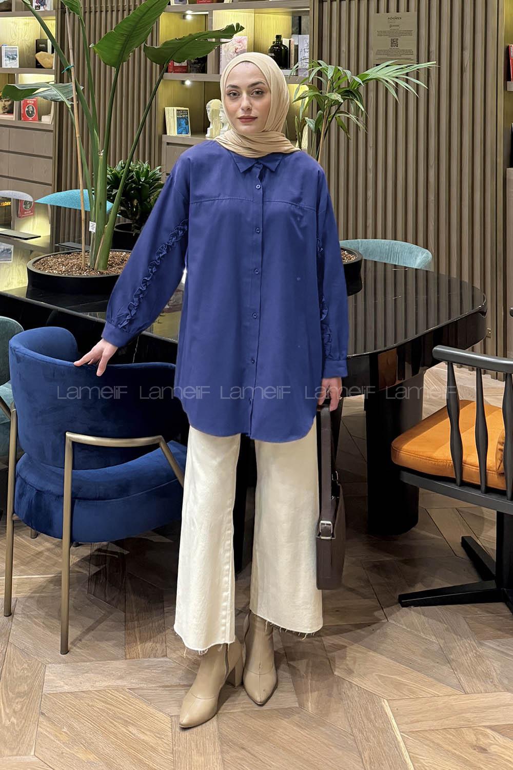 Lamelif Kol Fırfır Detaylı Gömlek Lacivert
