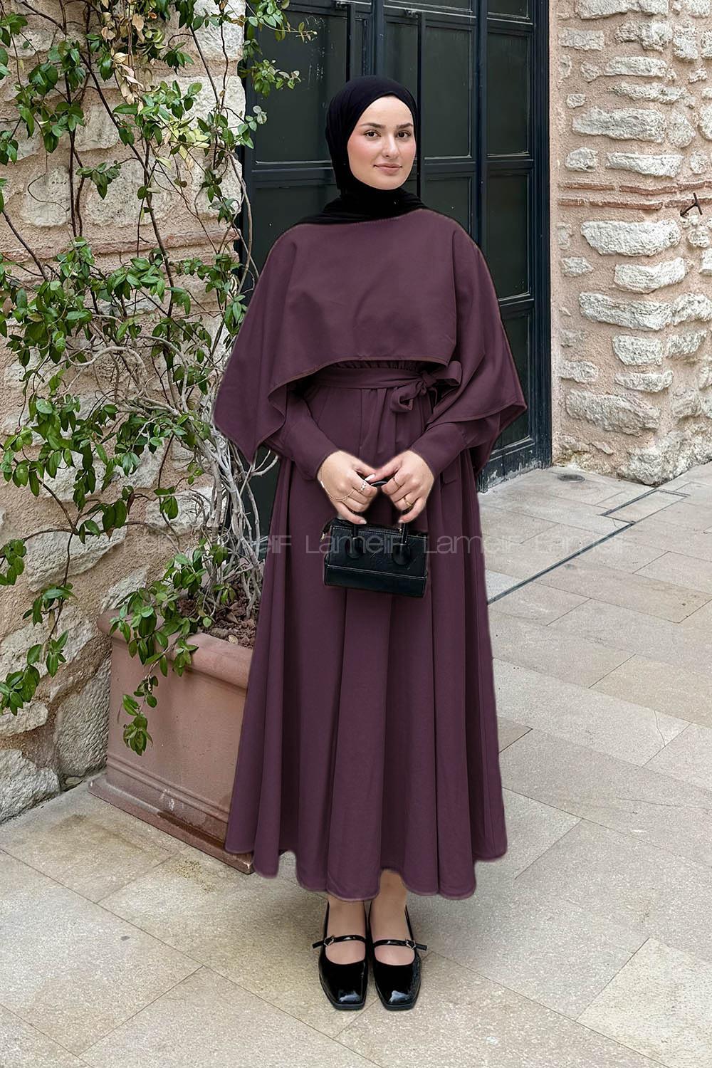 Lamelif Pelerin Detaylı Elbise Mürdüm