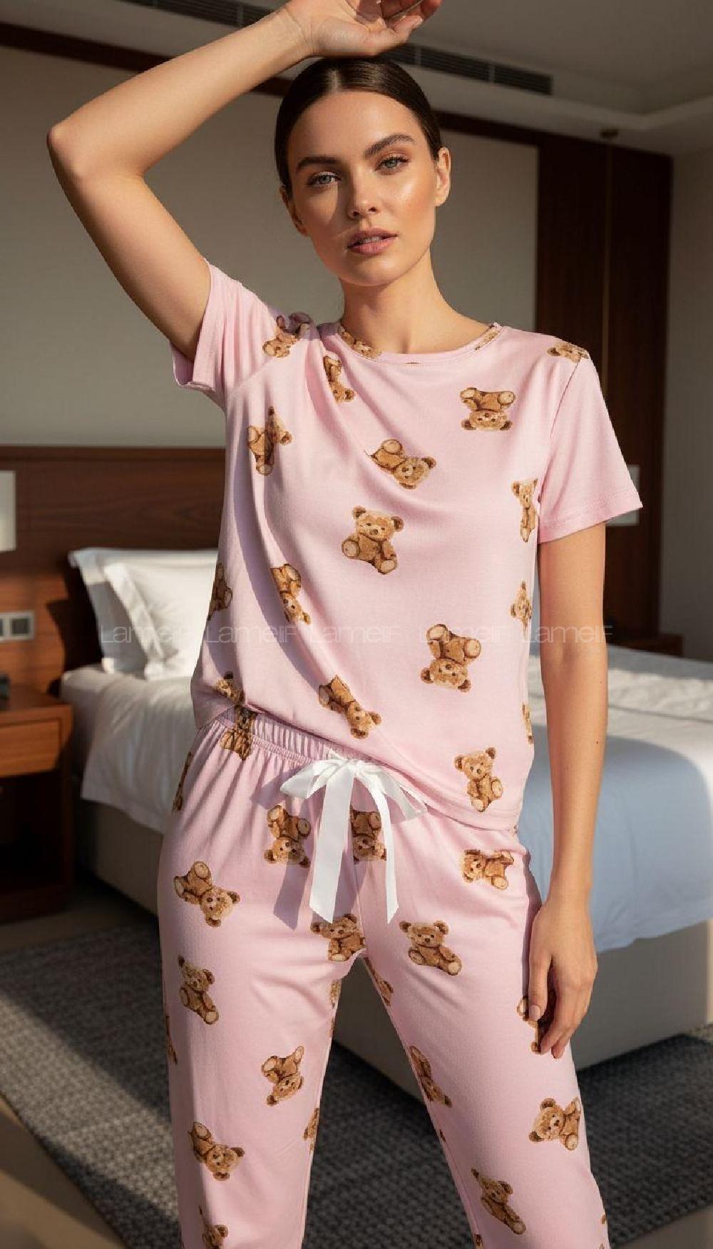 Lamelif Milan Kumaş Ayıcık Desenli Kadın Pijama Takım