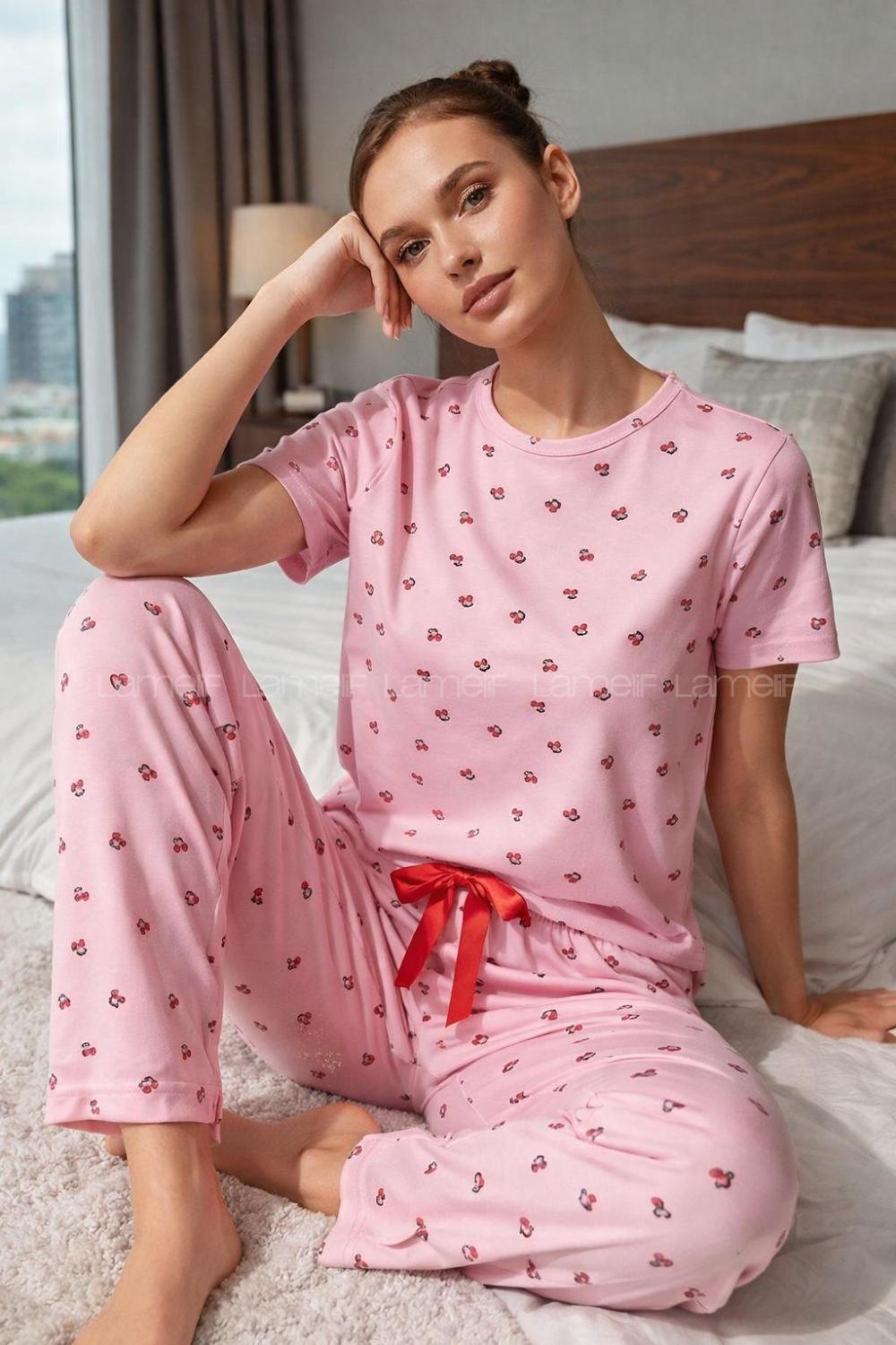 Lamelif Milan Kumaş Kiraz Desenli Kadın Pijama Takımı