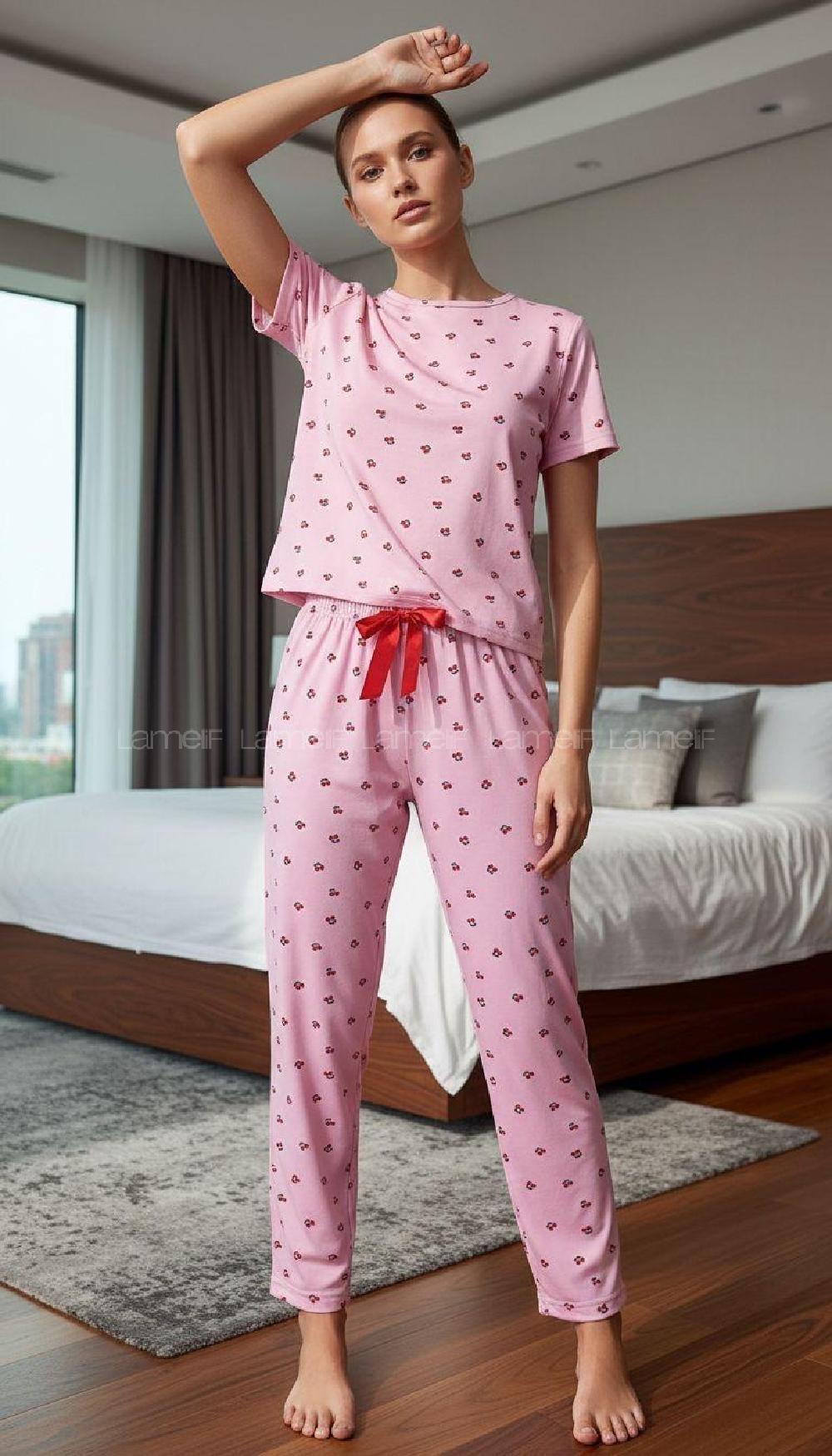 Lamelif Milan Kumaş Kiraz Desenli Kadın Pijama Takımı