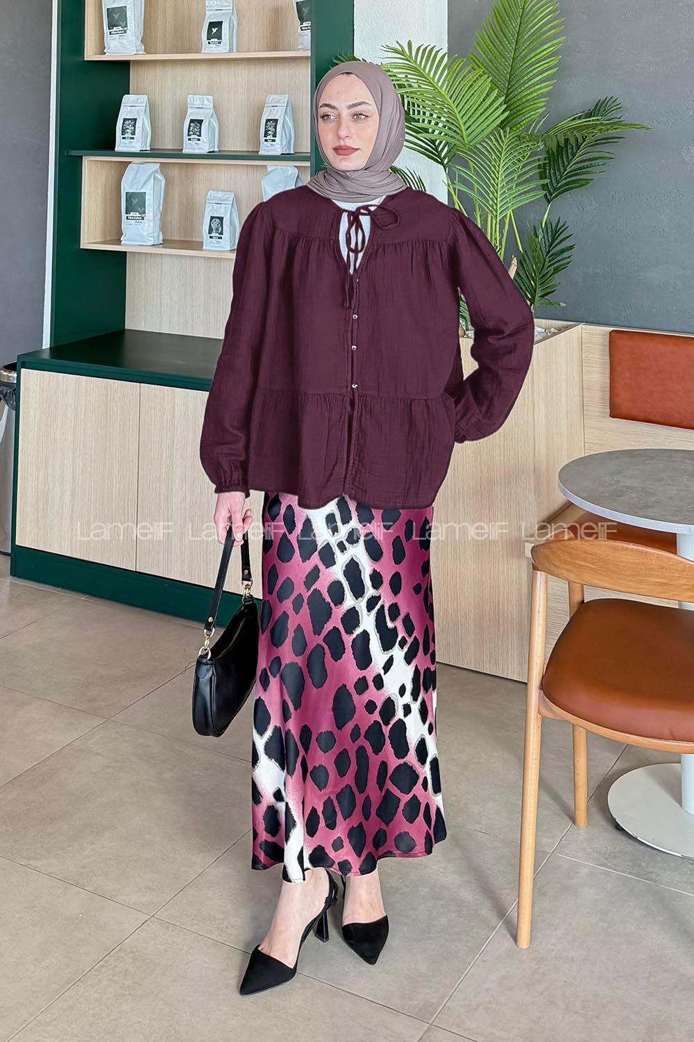 Lamelif V Yaka Kolları Lastikli Müslin Tesettür Gömlek Mürdüm