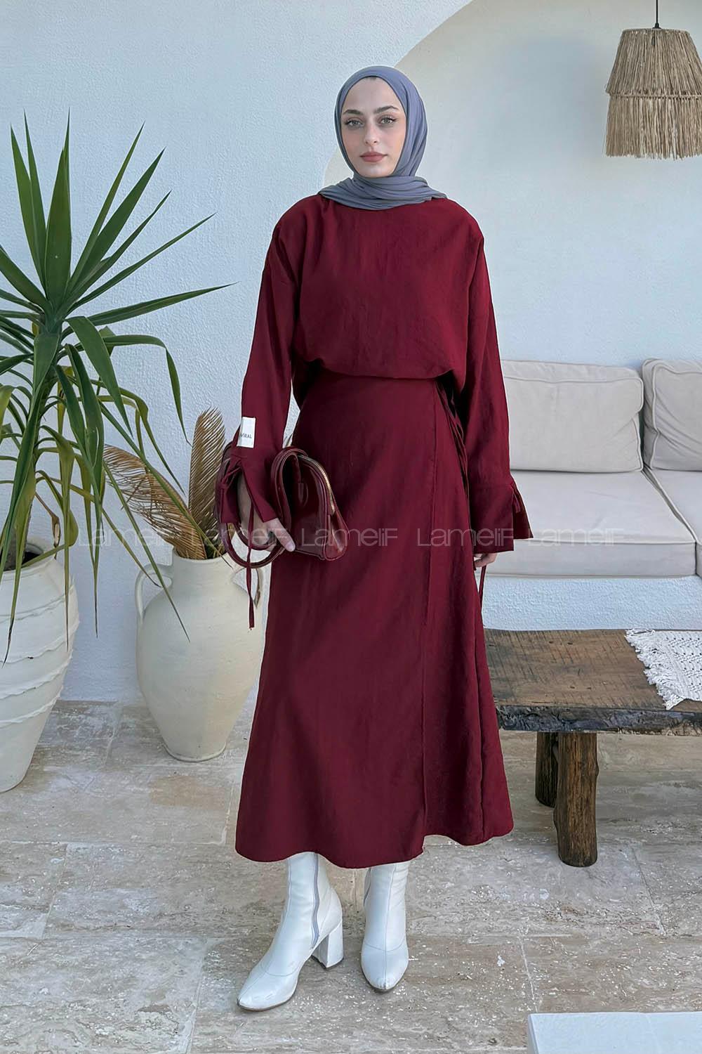 Claret Red Crew Neck Long Arm Viscose Fabric Flared Skirt Suit