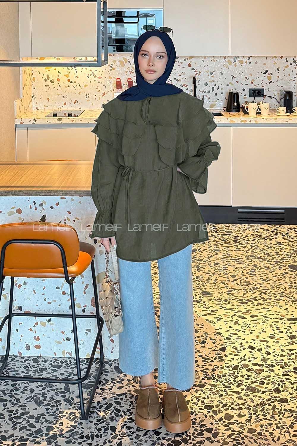 Lamelif Volan Detaylı Kol Büzgülü Gömlek Haki