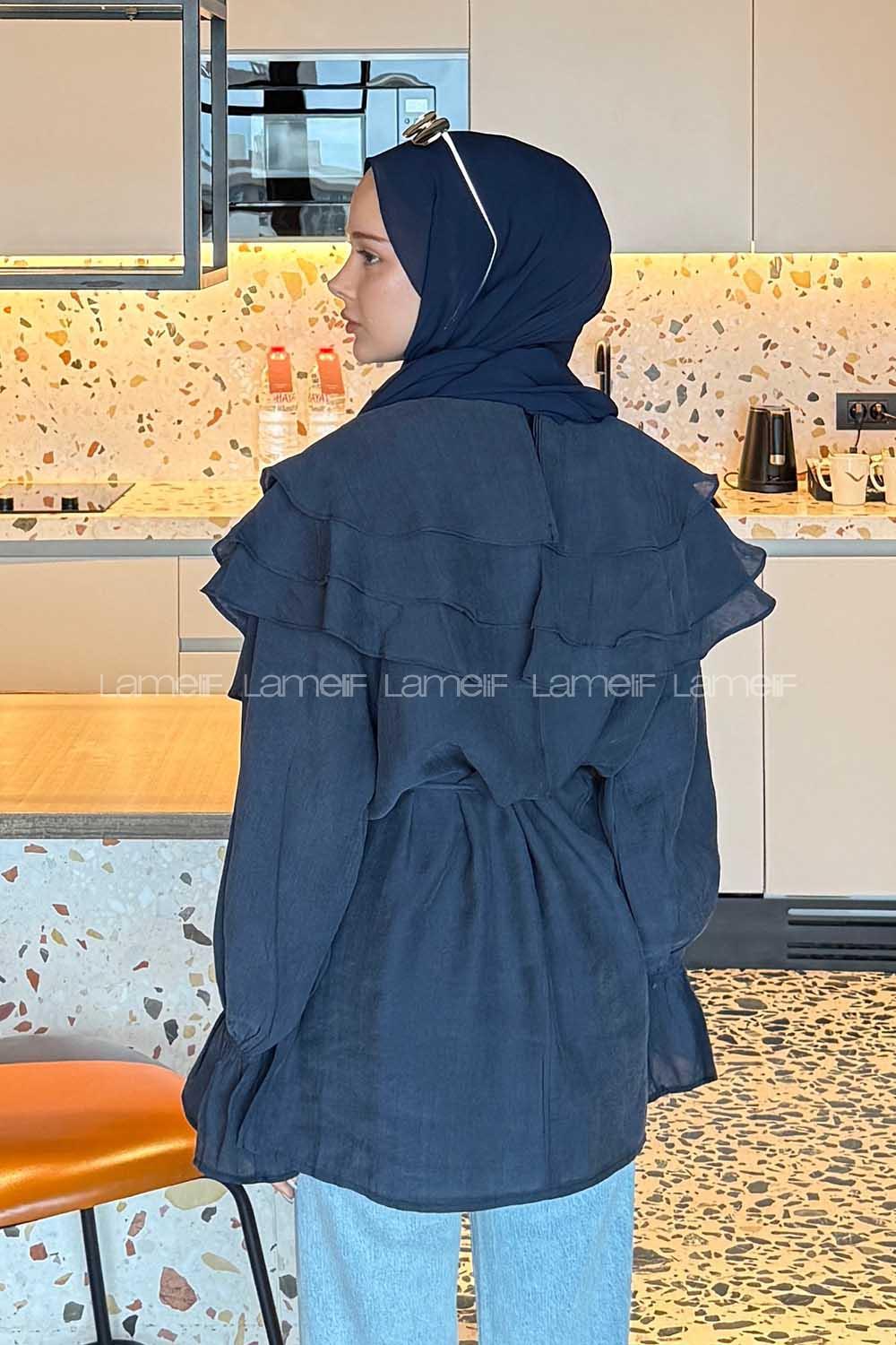 Lamelif Volan Detaylı Kol Büzgülü Gömlek Lacivert